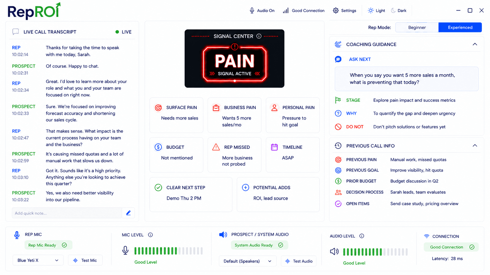 RepROI live coaching interface showing a real-time sales call transcript, signal center with active pain detection, and coaching guidance panel with next-best-question suggestions.